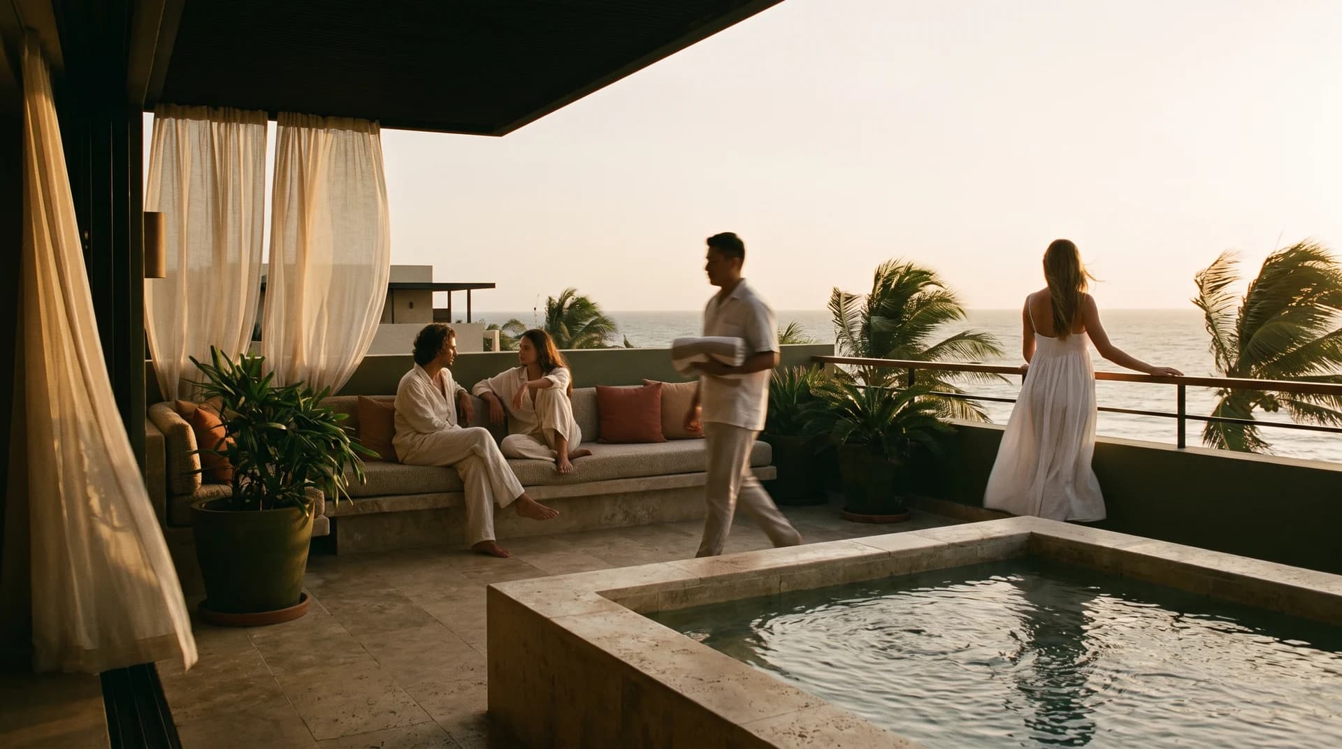 Guests on a resort terrace at golden hour — two in conversation on a linen banquette, an attendant carrying folded towels, and a woman at the rail looking out to sea beside a plunge pool
