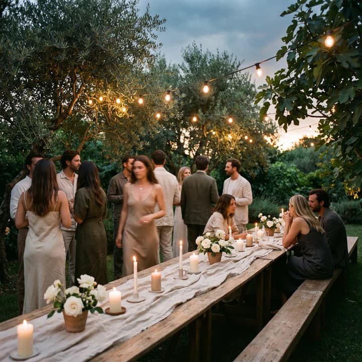 Guests in linen and muted earth tones gathered around a long candlelit table at an open-air garden reception under string lights at dusk