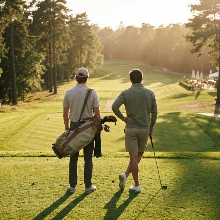 Two golfers standing on a tee box at golden hour, looking down a fairway toward a distant clubhouse terrace