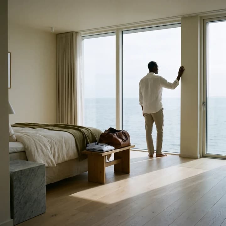 A hotel guest in a white linen shirt standing at a floor-to-ceiling window looking out to the sea, beside a made bed and an open leather weekender