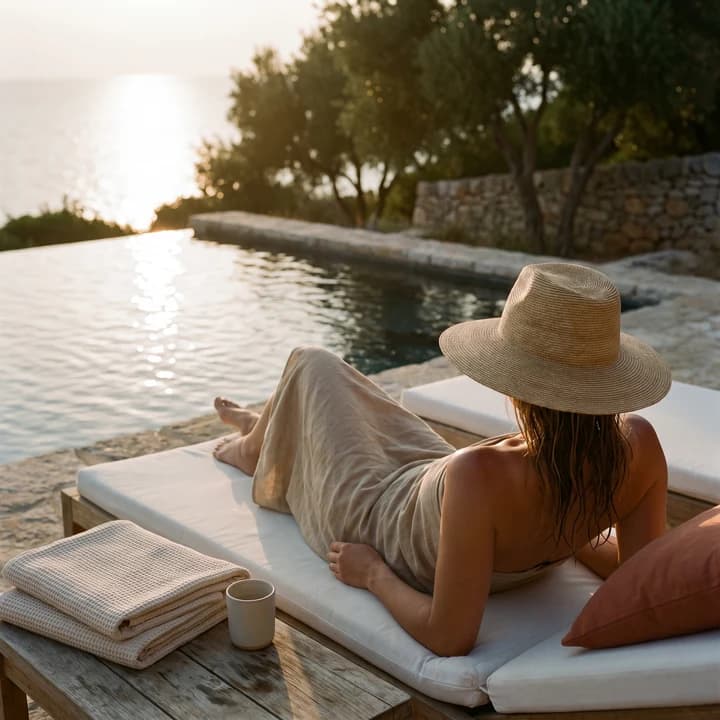 A guest in a wide straw hat and linen wrap resting on a canvas daybed at the edge of an infinity pool, looking out to a sunlit sea