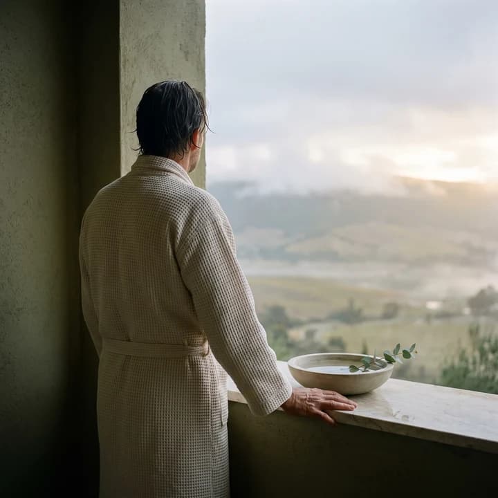A spa guest in a cream waffle robe standing at a marble ledge on a stone terrace, looking out over a misted green valley at dawn