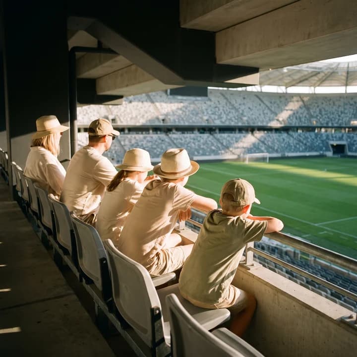 A family in sun hats watching from a shaded stand at an open-air stadium, late afternoon sun raking across the striped turf below